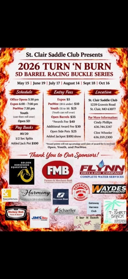 2026 Turn ‘n Burn 5D Barrel Racing Buckle Races event flyer