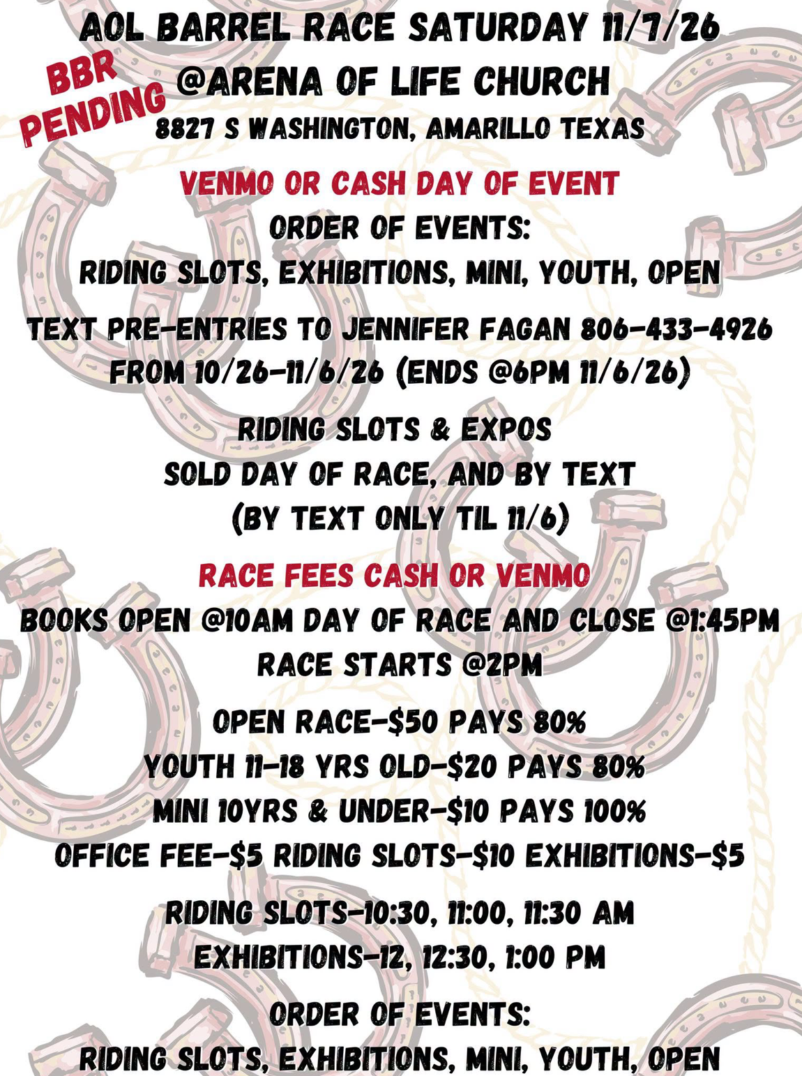 AOL November Barrel Race **BBR Pending** event flyer