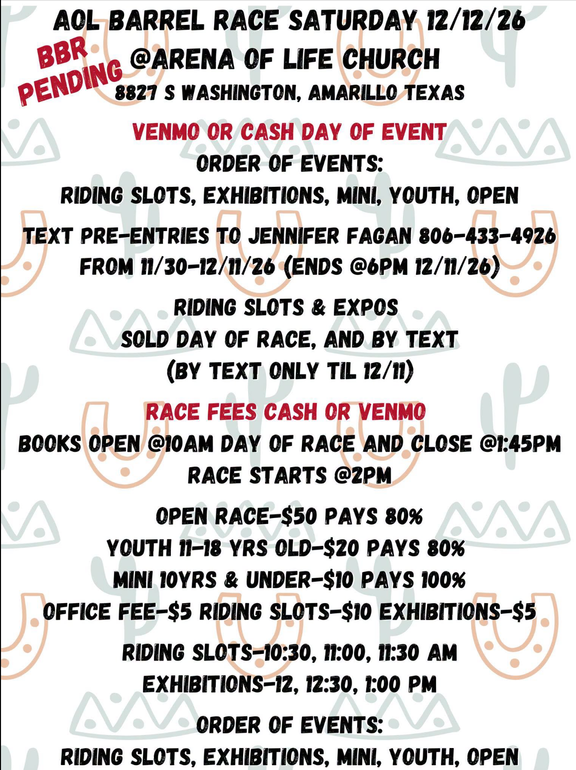 AOL December Barrel Race **BBR Pending** event flyer