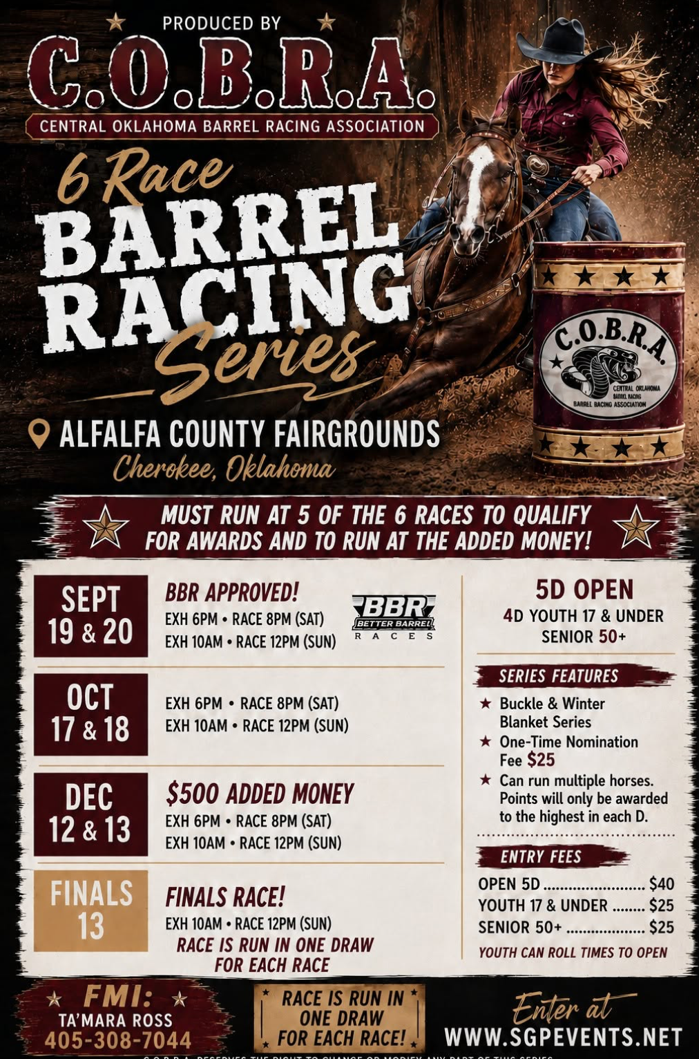 C.O.B.R.A 6 week barrel racing series event flyer