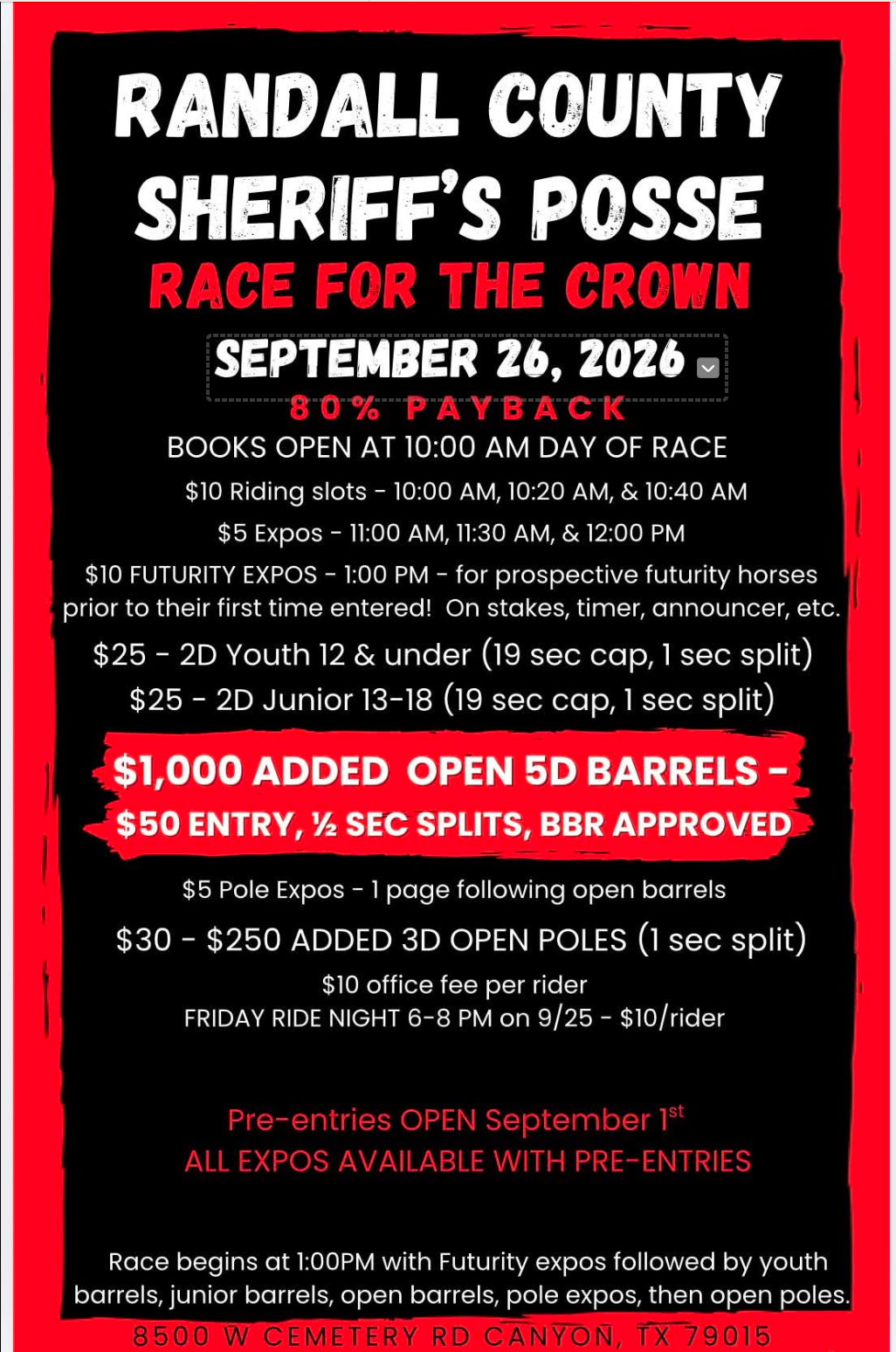 RANDALL COUNTY SHERIFF’S POSSE RACE FOR THE CROWN event flyer